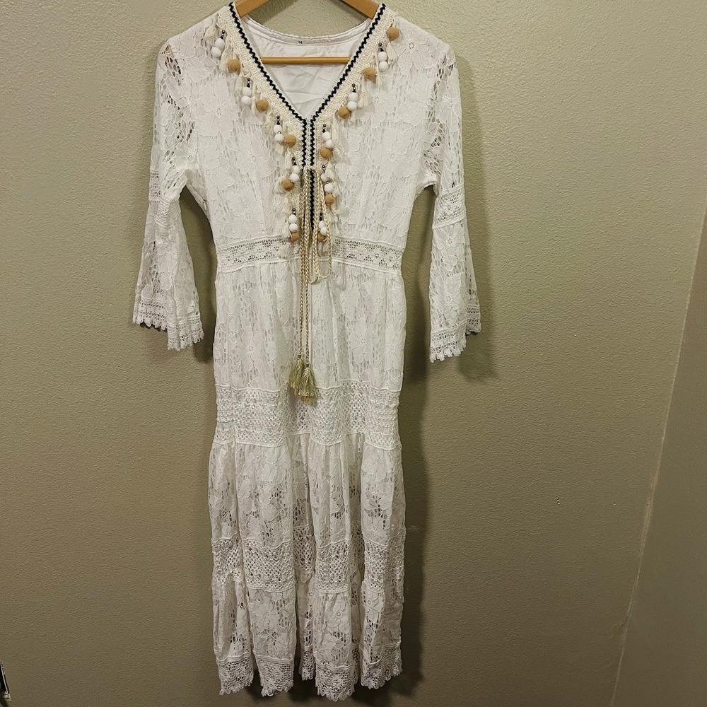 Boho Maxi Lace Dress Ivory Lined Tassels Much Detail Festival Coachella Size M
